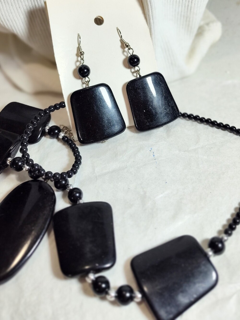 Black Statement Square Pendant Necklace and Earrings Set - Women Jewelry